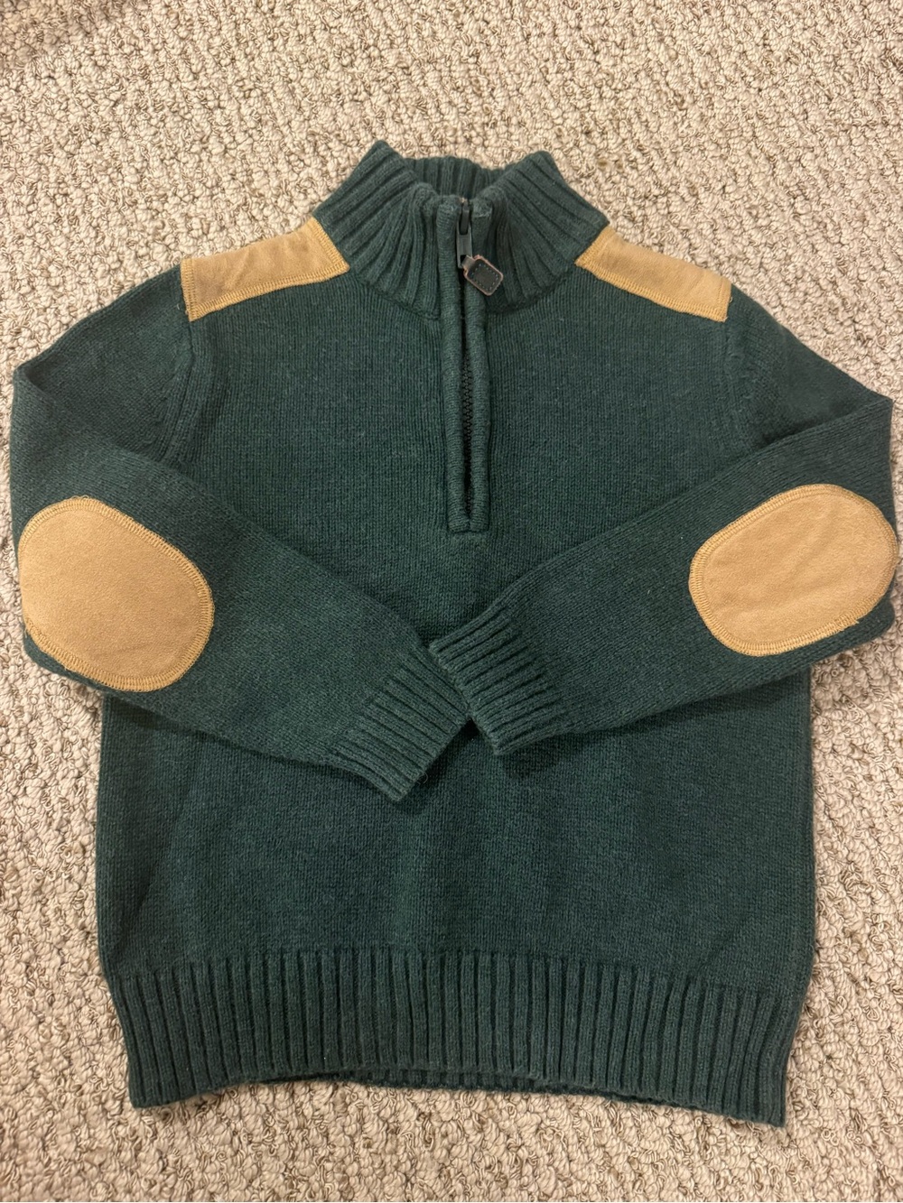 Janie and Jack 3 Forest Green Half-Zip Sweater with Tan Elbow & Shoulder Patches